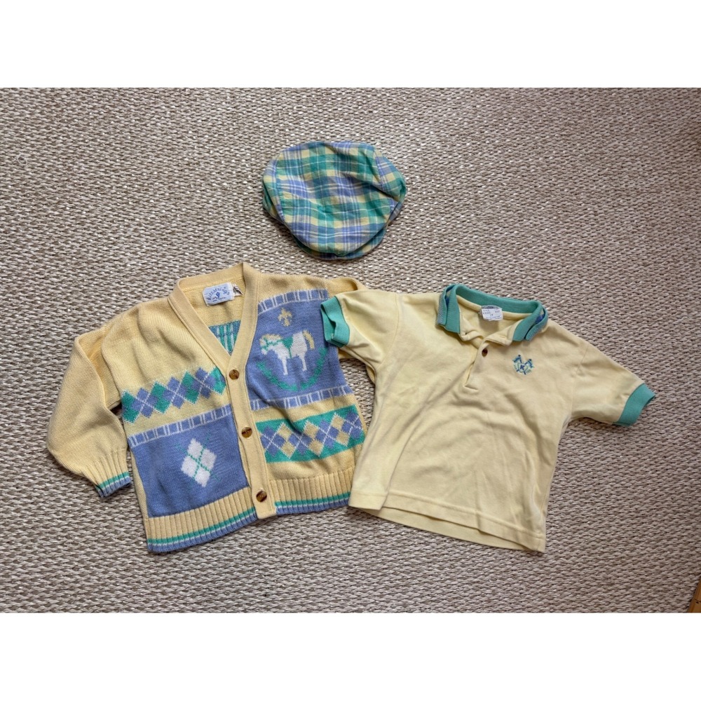 Vintage Kitestrings Toddler Boys 3T Cardigan Polo Hat Set Equestrian Argyle USA